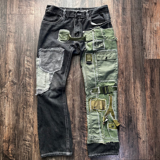 Cargo two tone military patchwork jeans ￼